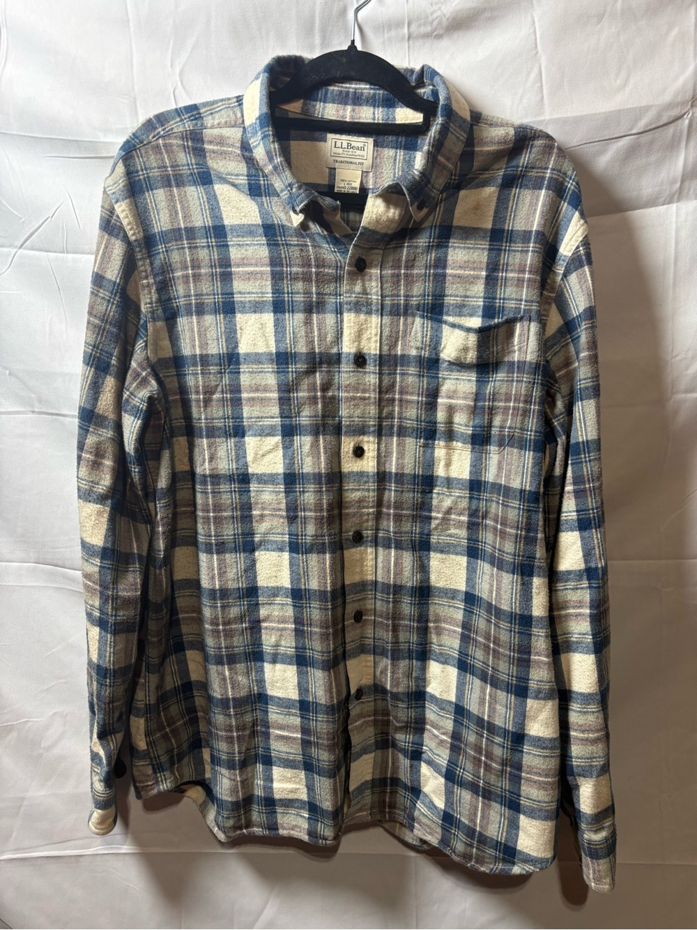 L.L. Bean Men's Blue, Cream and Brown Plaid Button-Down Shirt